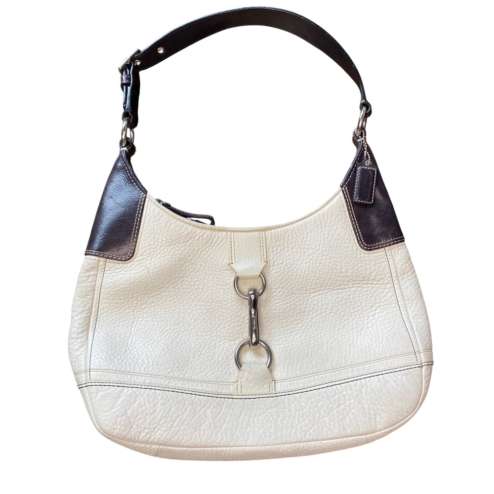 Coach Ergo White Bone Cream Brown Milled‎ Cowhide Pebble Leather Hobo Bag F13088